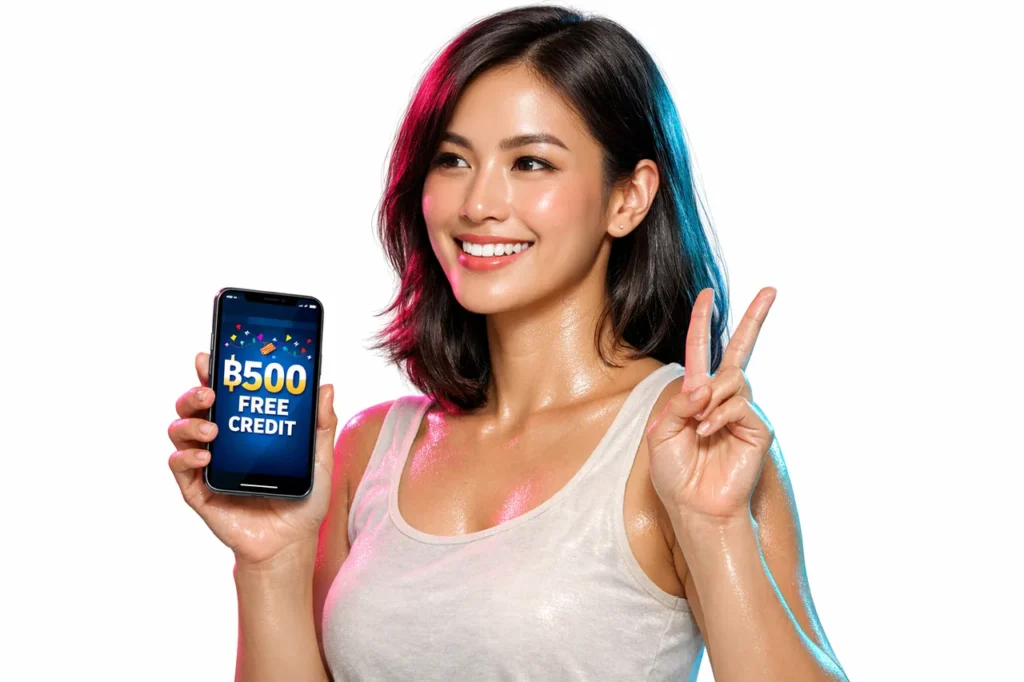 ผู้หญิงไทยแสดงหน้าจอมือถือรับเครดิตฟรี 500 บาท